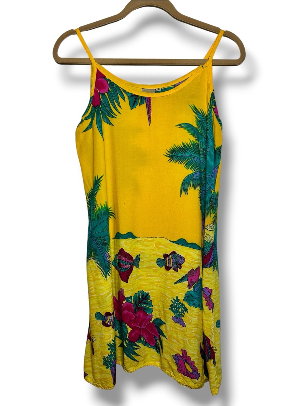 Vintage Yellow Tropical Print Mini Dress CoverUp Shift Style Hawaiian Jewel Tone